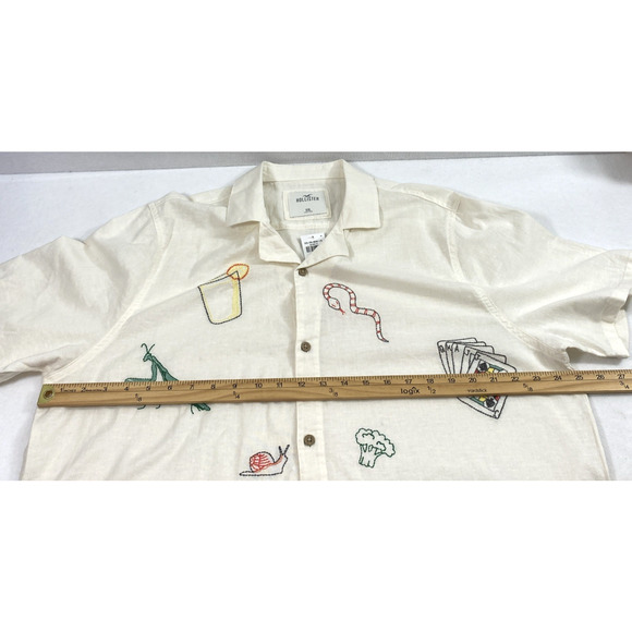 Hollister Shirt Mens XXL Linen Blend‎ Beige Embroidered Button Up Short Sleeve - Picture 8 of 10